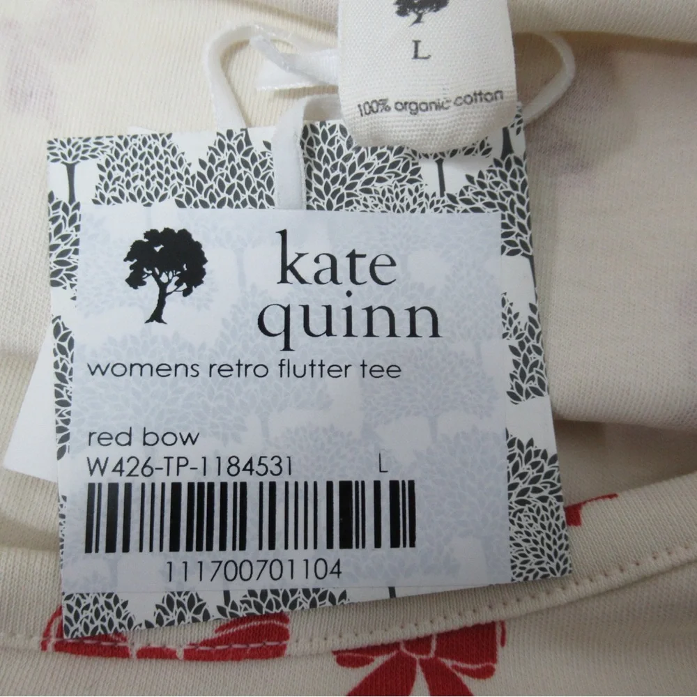 Kate Quinn Organic Cotton Retro Flutter Tee Red Bow Print Size Large - Picture 8 of 14